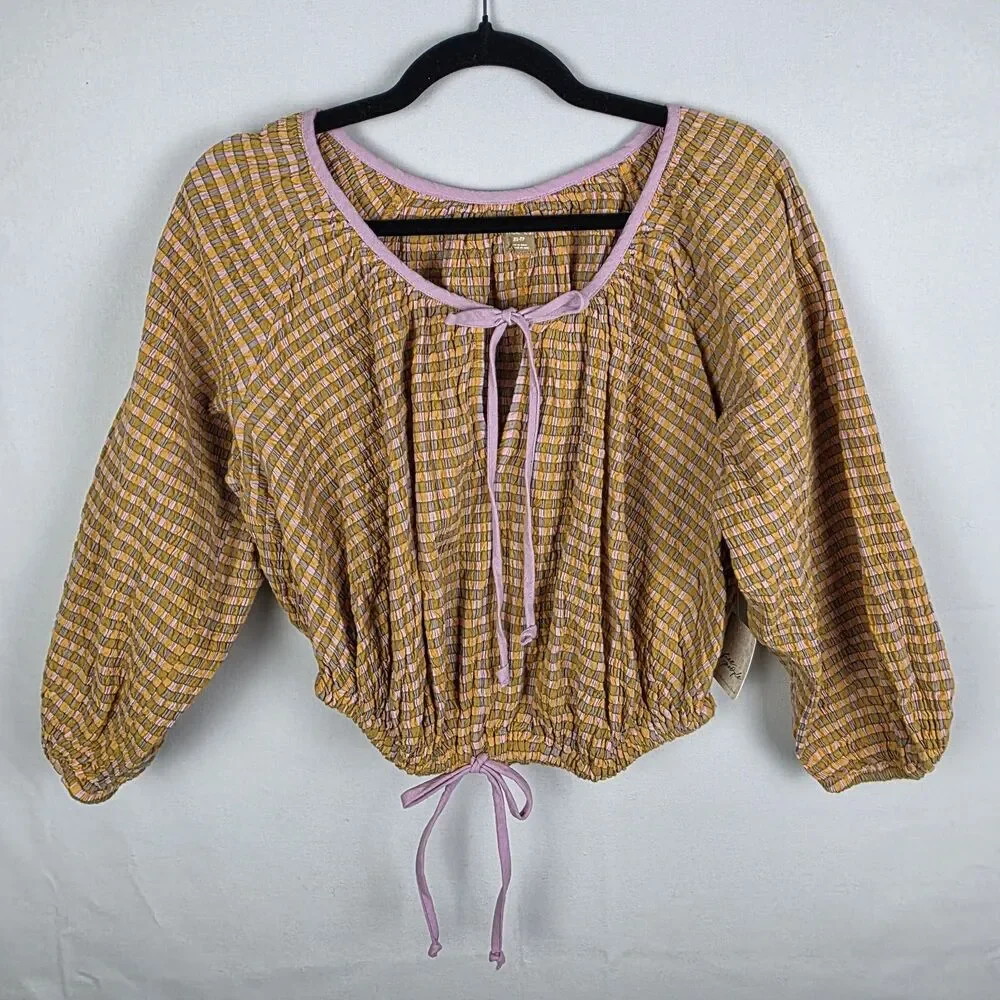 NWT Free-est Free People Clara Plaid Top Bubble Size Extra Small Beachy Crinkle‎